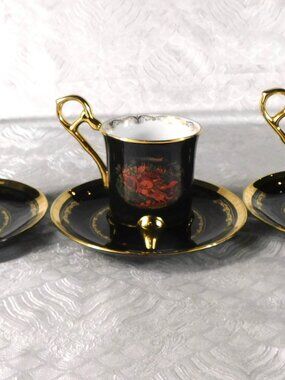 Lot of Three Dark Blue Bradford Edition Footed Teacups and Saucers # 27682